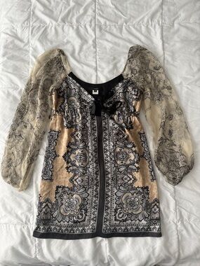 Vintage 100% Silk Satin Tapestry Mini Dress M Flowy Y2K 90s Peasant Boho Flowy